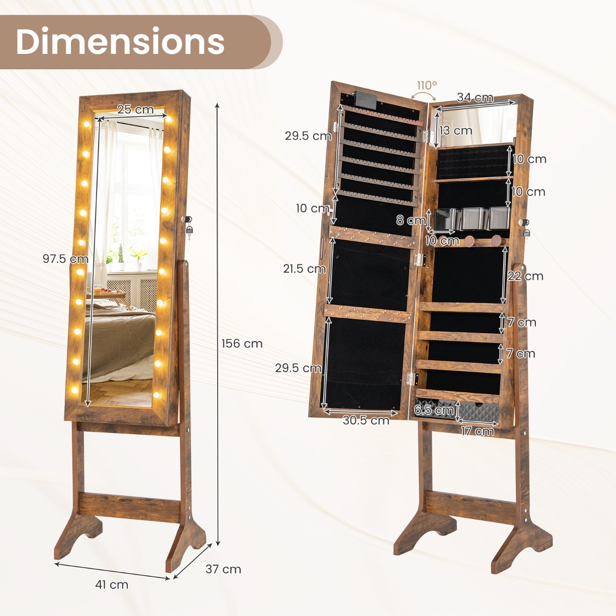 Ellegnt Standing Jewelry Armoire Organizer with Full-Length Mirror