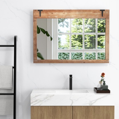 Ellegnt Farmhouse Wall Mirror with Wooden Frame for Vertical or Horizontal Mounting