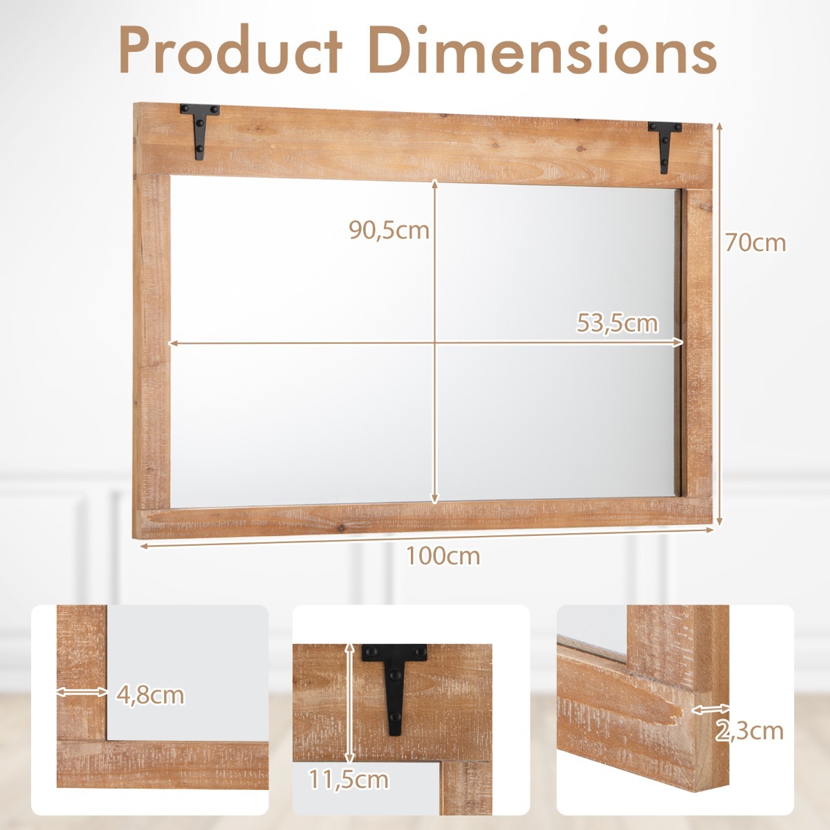 Ellegnt Farmhouse Wall Mirror with Wooden Frame for Vertical or Horizontal Mounting