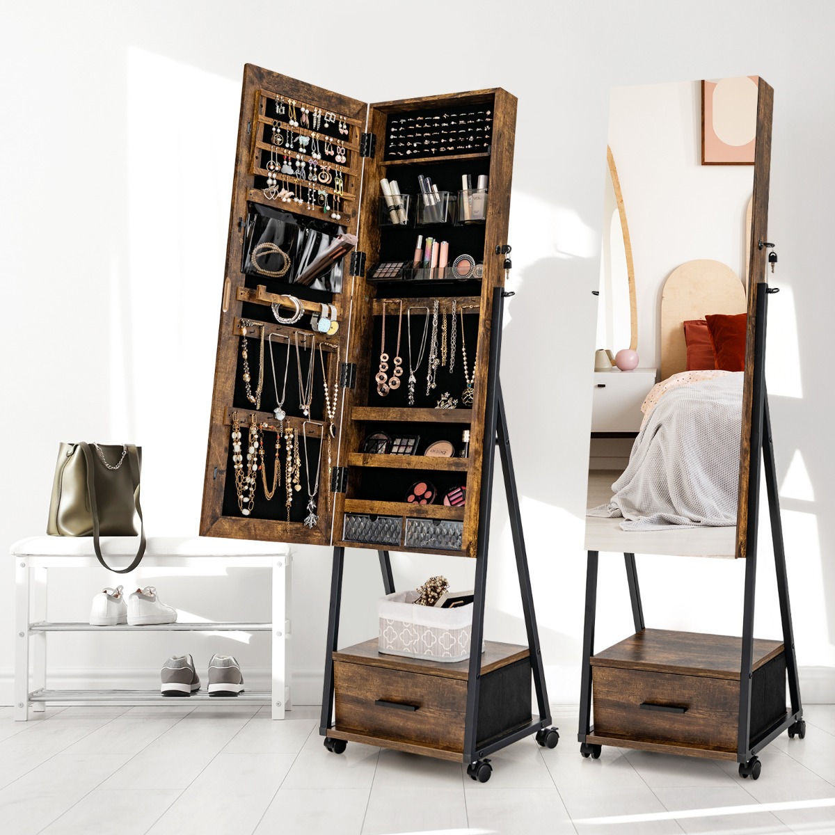 Ellegnt Standing Mirror Jewelry Cabinet with Drawer & Wheels