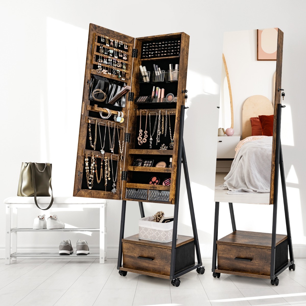 Ellegnt Standing Mirror Jewelry Cabinet with Drawer & Wheels