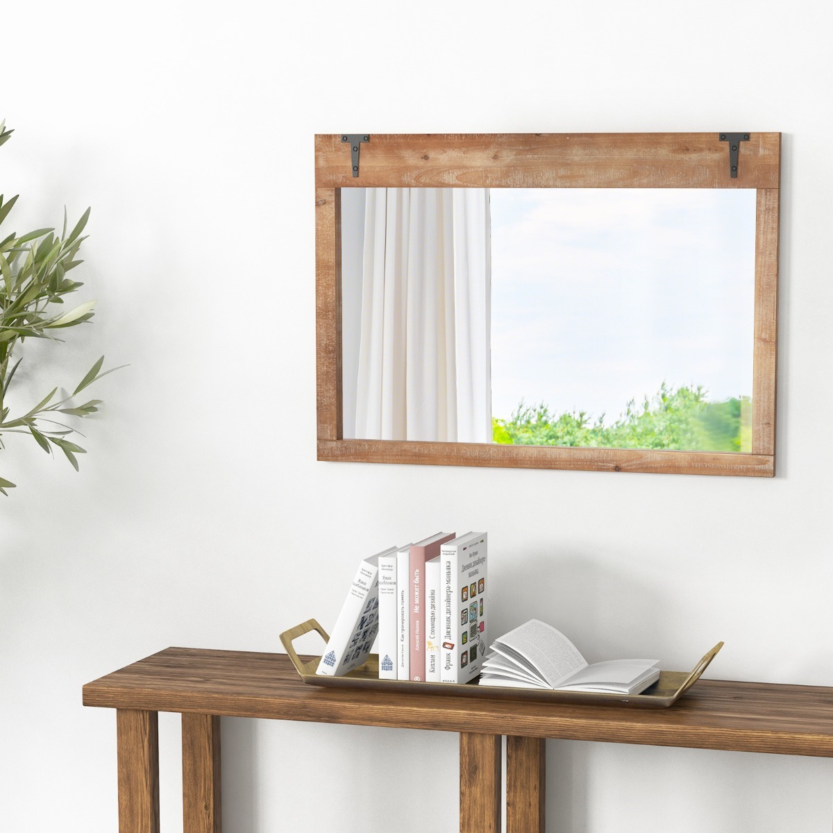 Ellegnt Farmhouse Wall Mirror with Wooden Frame for Vertical or Horizontal Mounting