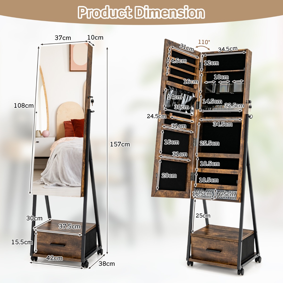 Ellegnt Standing Mirror Jewelry Cabinet with Drawer & Wheels