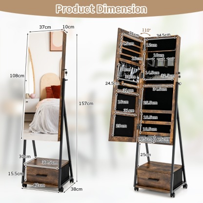 Ellegnt Standing Mirror Jewelry Cabinet with Drawer & Wheels