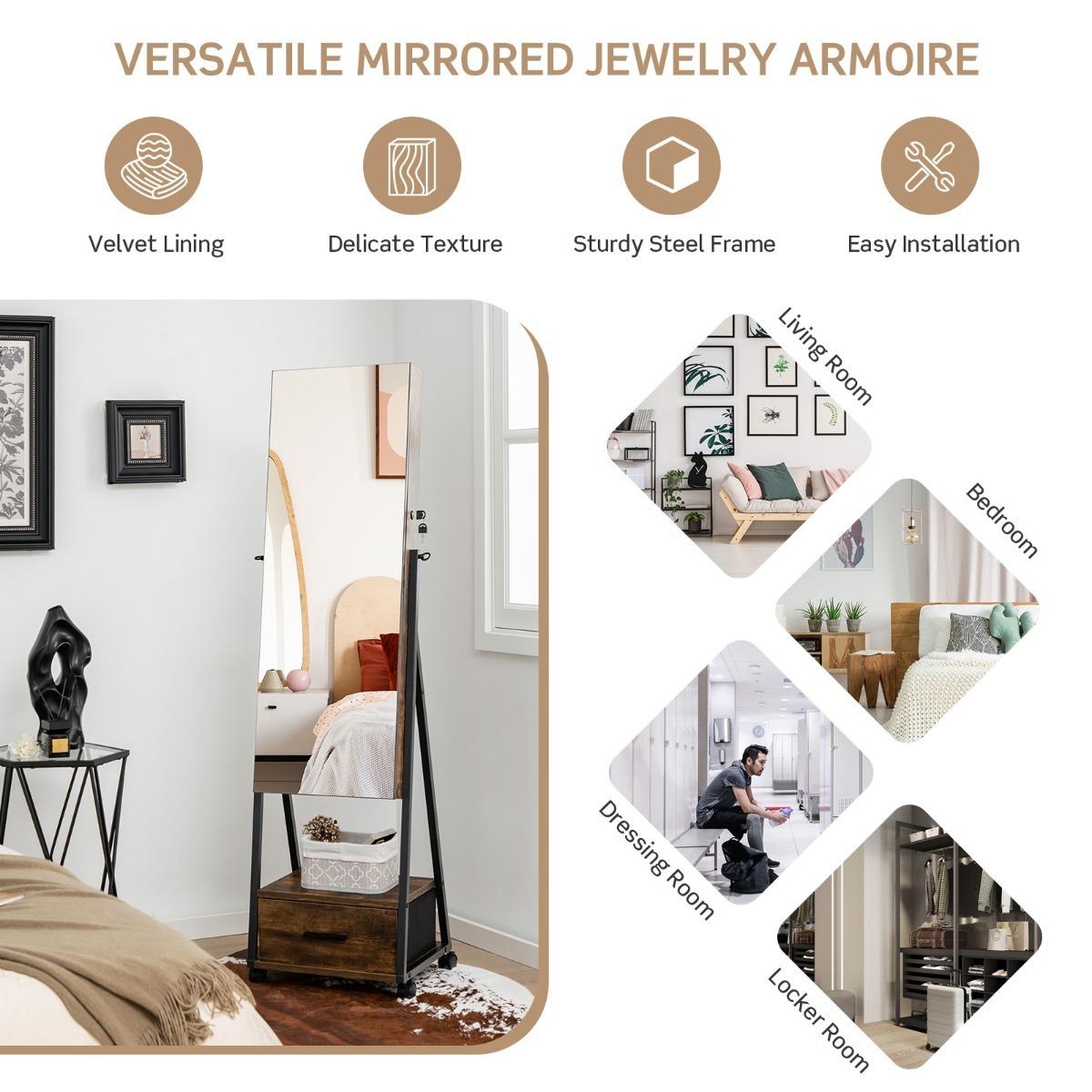 Ellegnt Standing Mirror Jewelry Cabinet with Drawer & Wheels