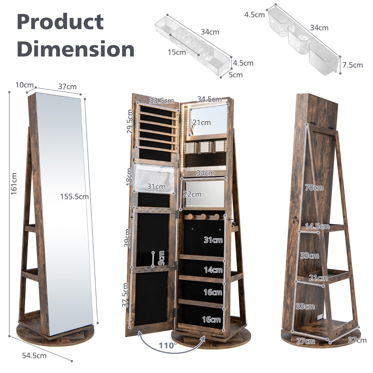 Ellegnt 161CM Jewelry Armoire with 360° Swivel Full Length Mirror & LED lights