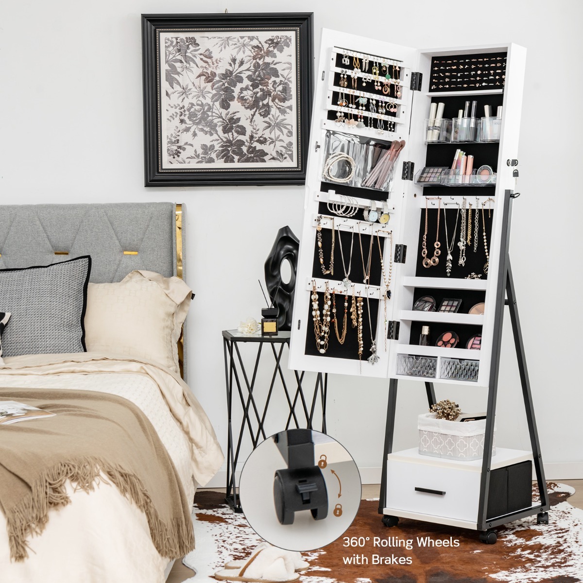 Ellegnt Standing Mirror Jewelry Cabinet with Drawer & Wheels