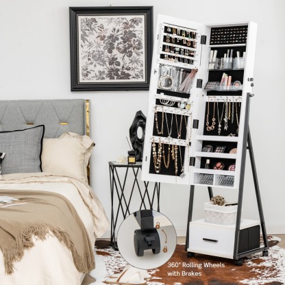 Ellegnt Standing Mirror Jewelry Cabinet with Drawer & Wheels