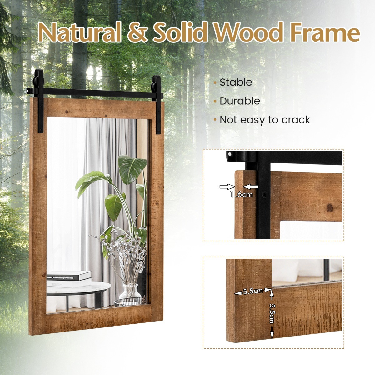 Ellegnt Wall Mirror with Solid Wooden Frame and Metal Brackets