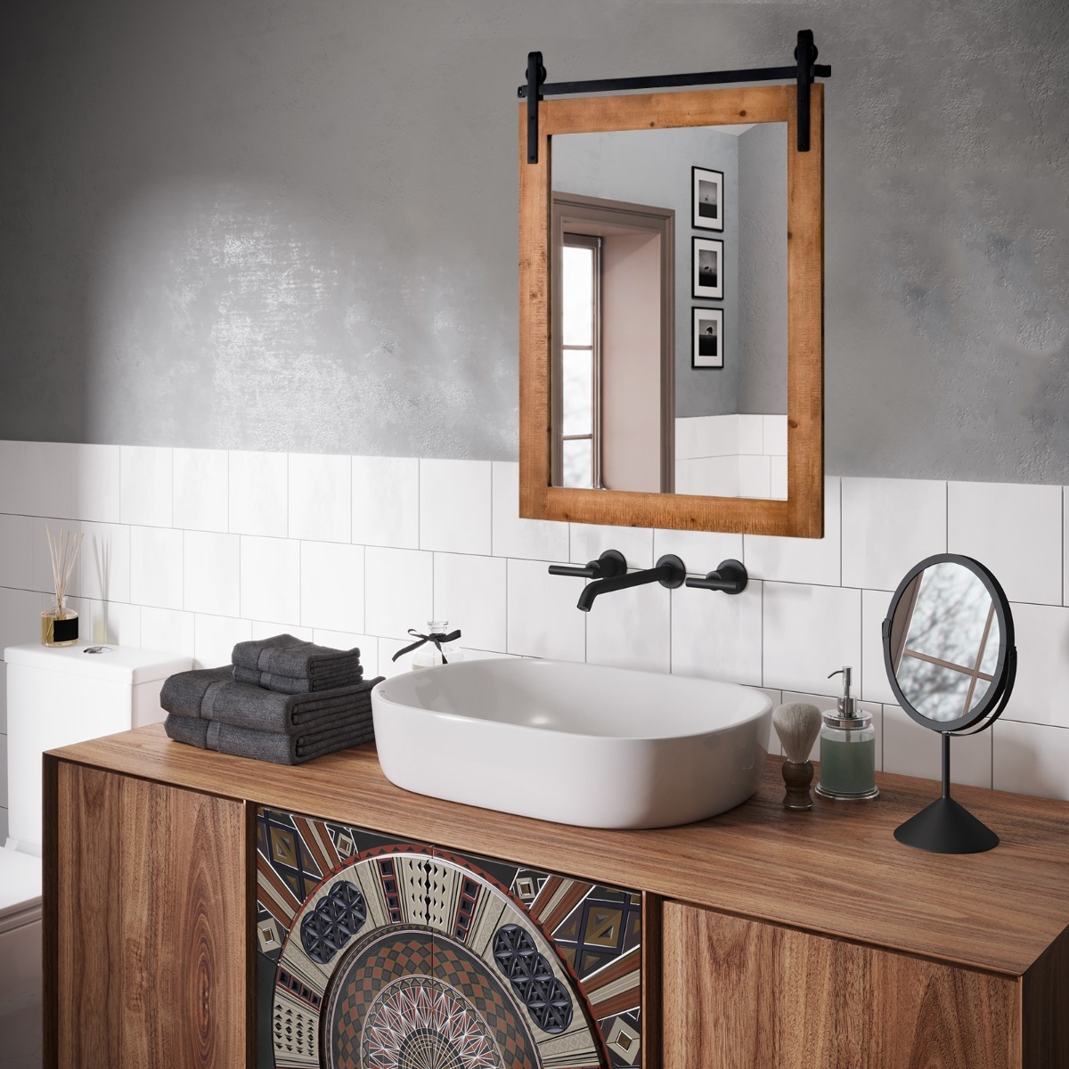 Ellegnt Wall Mirror with Solid Wooden Frame and Metal Brackets