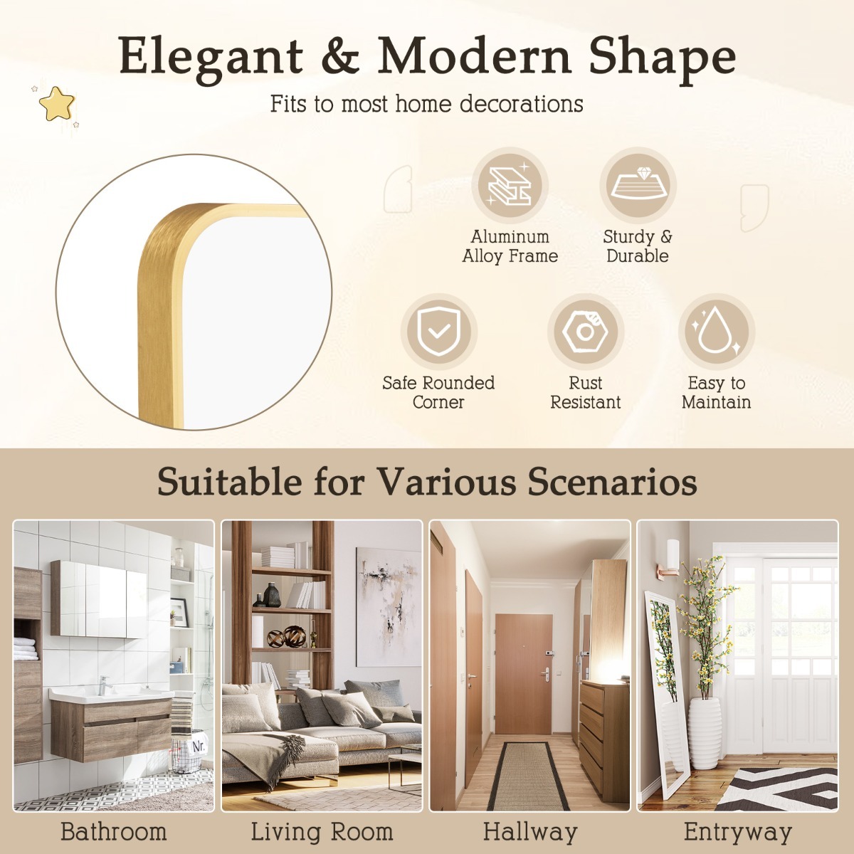 Ellegnt Rectangular Mirror with Aluminum Alloy Frame for Bathroom