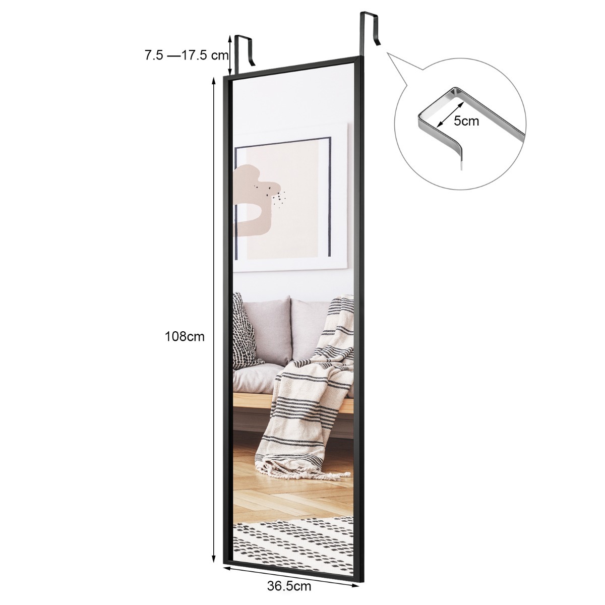 Ellegnt Full length Mirror with Height Adjusting Hanging Hooks