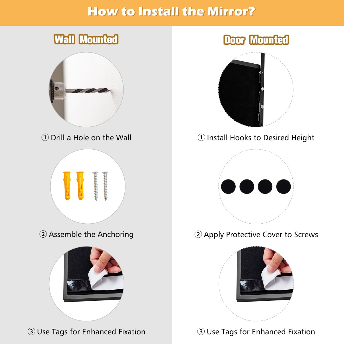 Ellegnt Full length Mirror with Height Adjusting Hanging Hooks