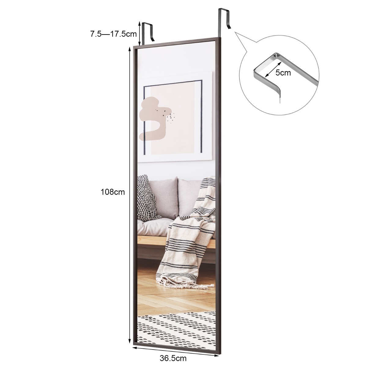 Ellegnt Full length Mirror with Height Adjusting Hanging Hooks