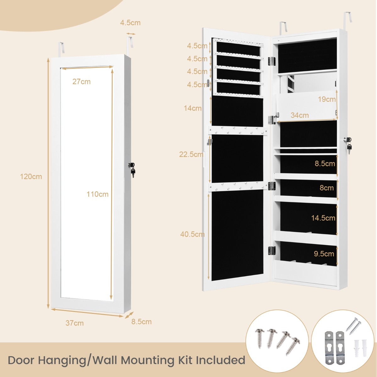 Ellegnt Jewelry Cabinet Lockable with Full-Length Mirror and 15 LED Lights
