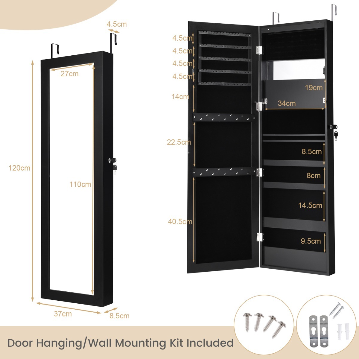 Ellegnt Jewelry Cabinet Lockable with Full-Length Mirror and 15 LED Lights