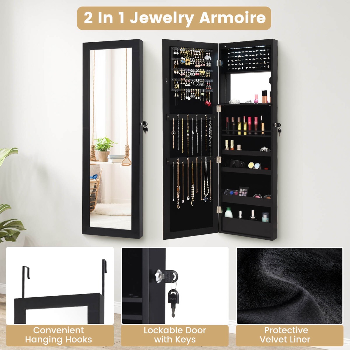 Ellegnt Jewelry Cabinet Lockable with Full-Length Mirror and 15 LED Lights