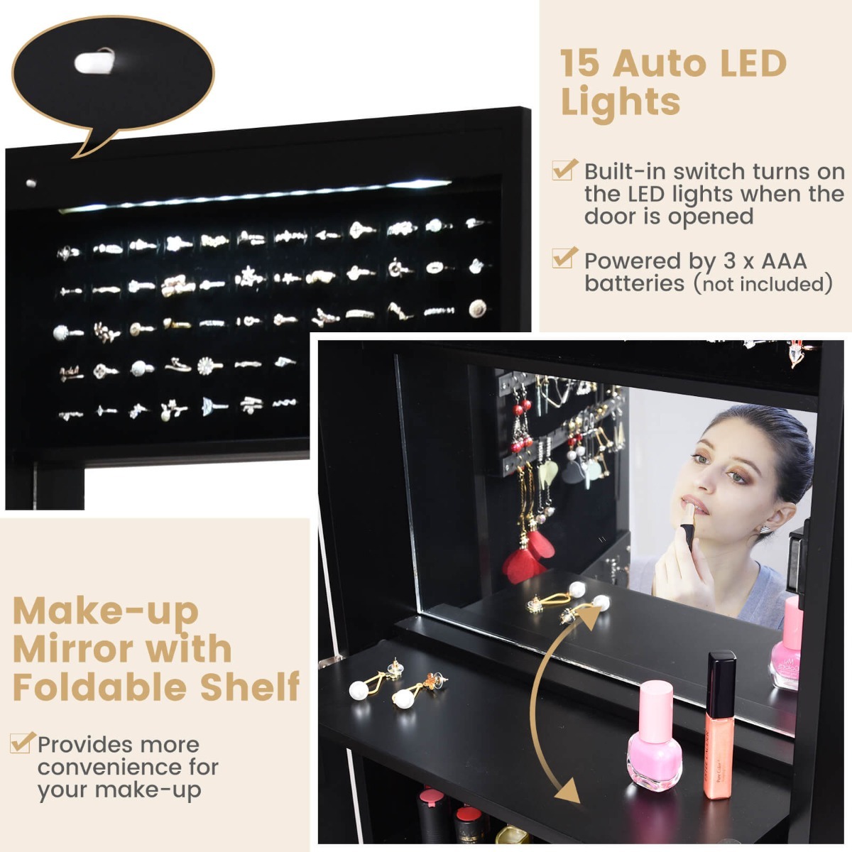 Ellegnt Jewelry Cabinet Lockable with Full-Length Mirror and 15 LED Lights