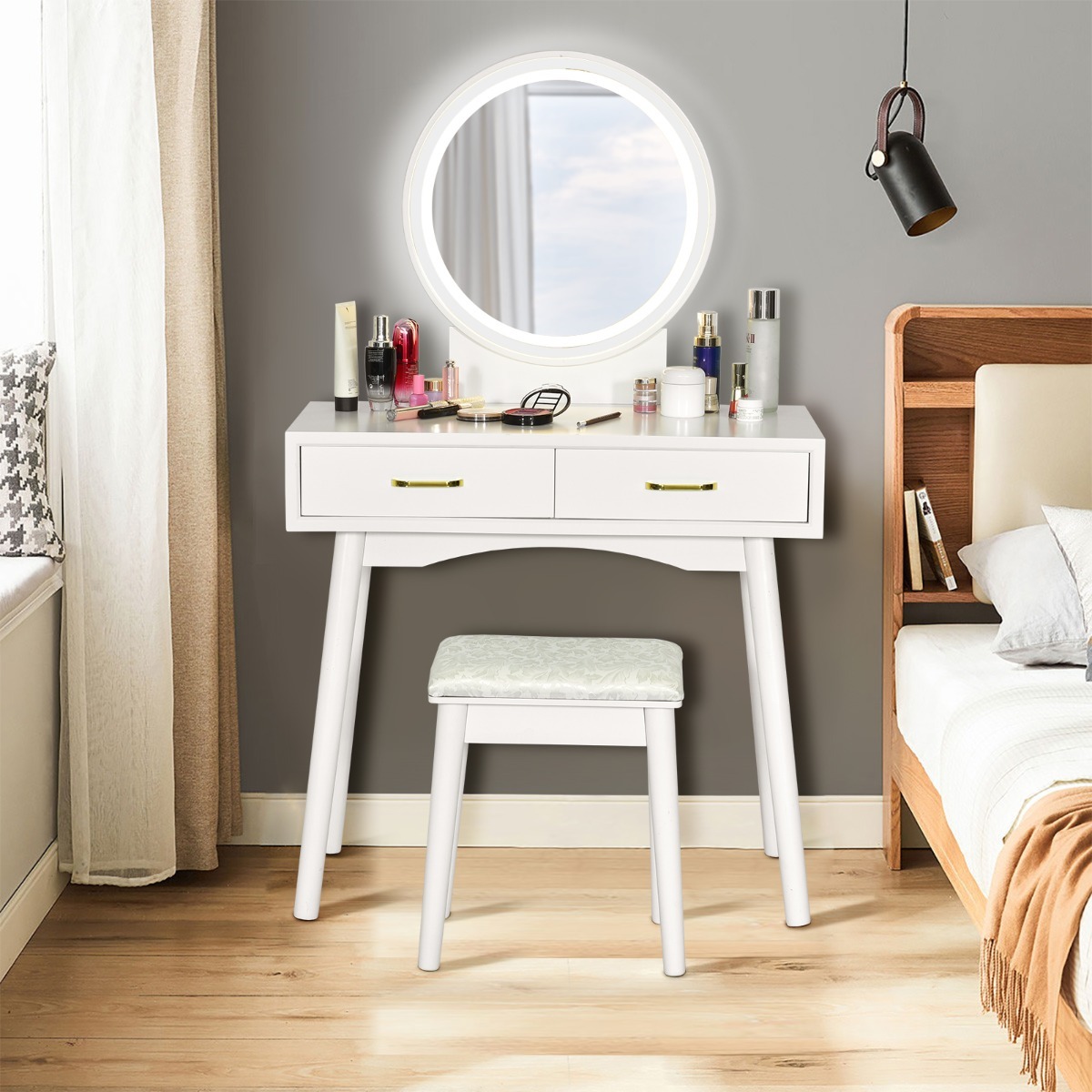 Ellegnt Vanity Set with Rounded and Lighted Mirror in 3 Light Colors