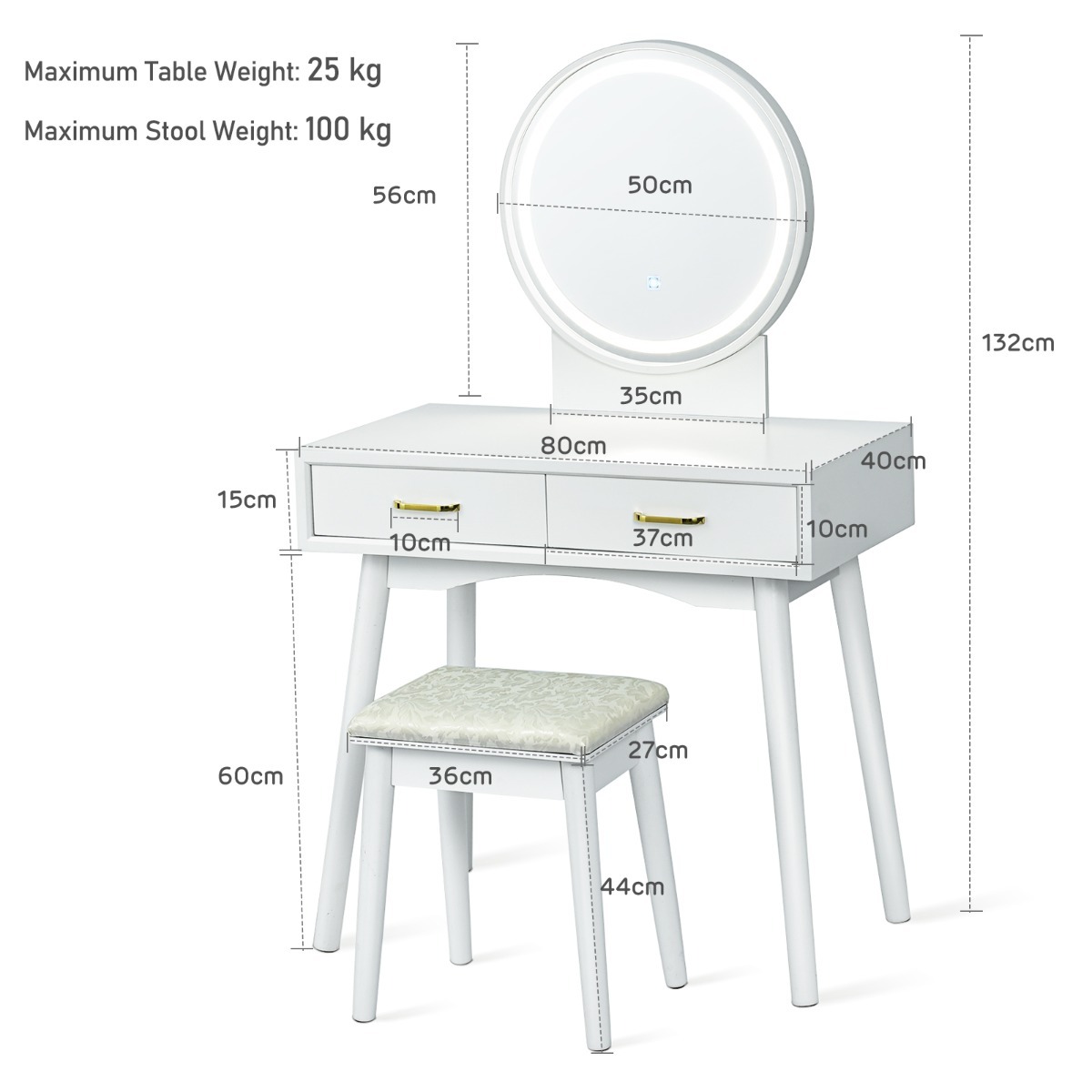 Ellegnt Vanity Set with Rounded and Lighted Mirror in 3 Light Colors