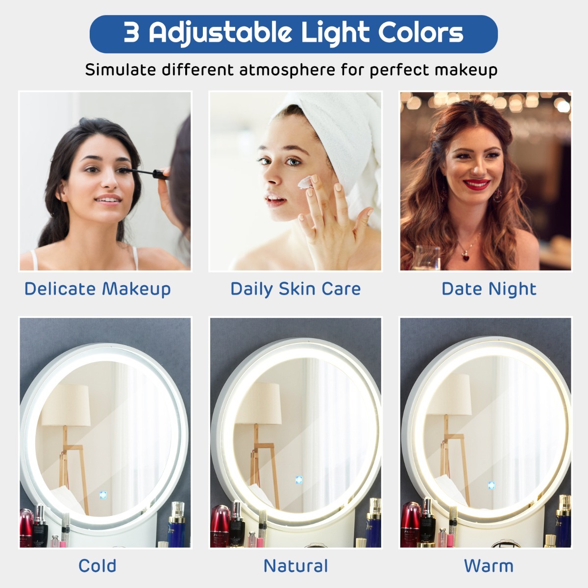 Ellegnt Vanity Set with Rounded and Lighted Mirror in 3 Light Colors