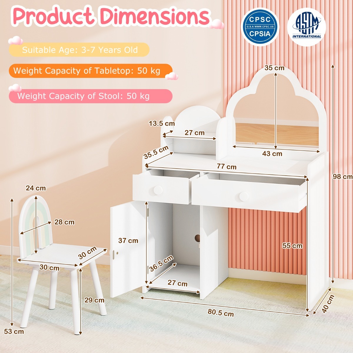 Ellegnt 2-in-1 Children Kids Vanity Set with Mirror and Detachable Top for Girls Ages 3-7 Years
