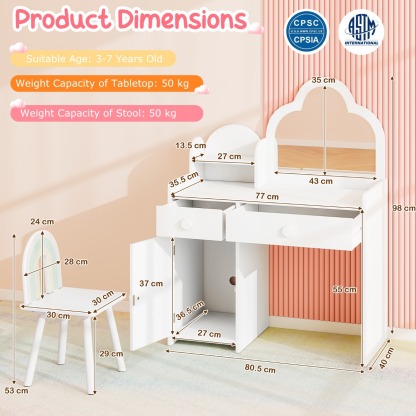 Ellegnt 2-in-1 Children Kids Vanity Set with Mirror and Detachable Top for Girls Ages 3-7 Years