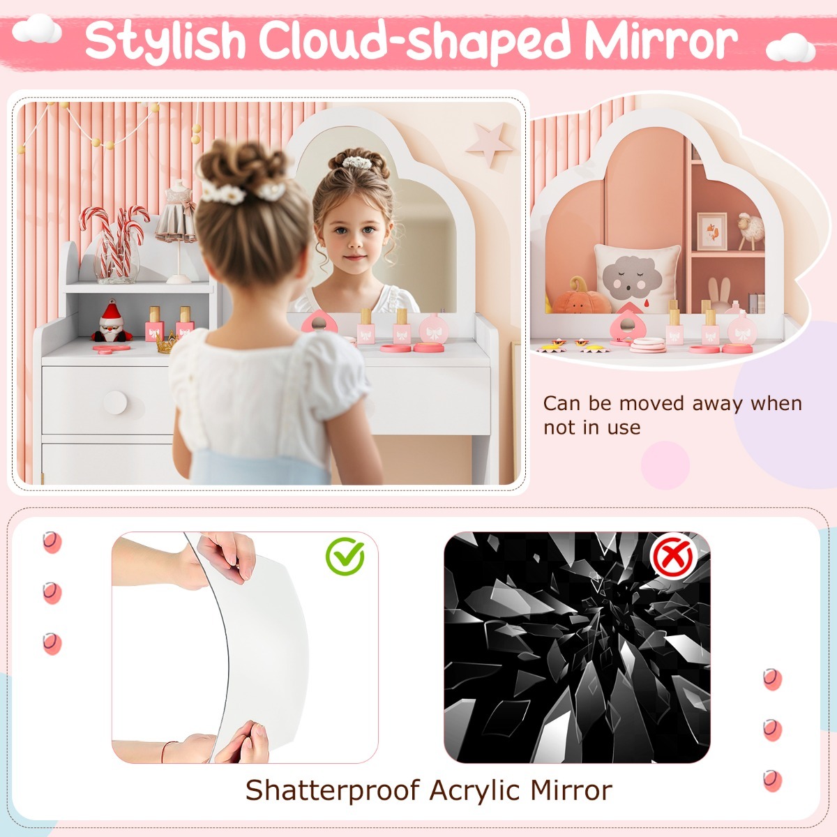 Ellegnt 2-in-1 Children Kids Vanity Set with Mirror and Detachable Top for Girls Ages 3-7 Years