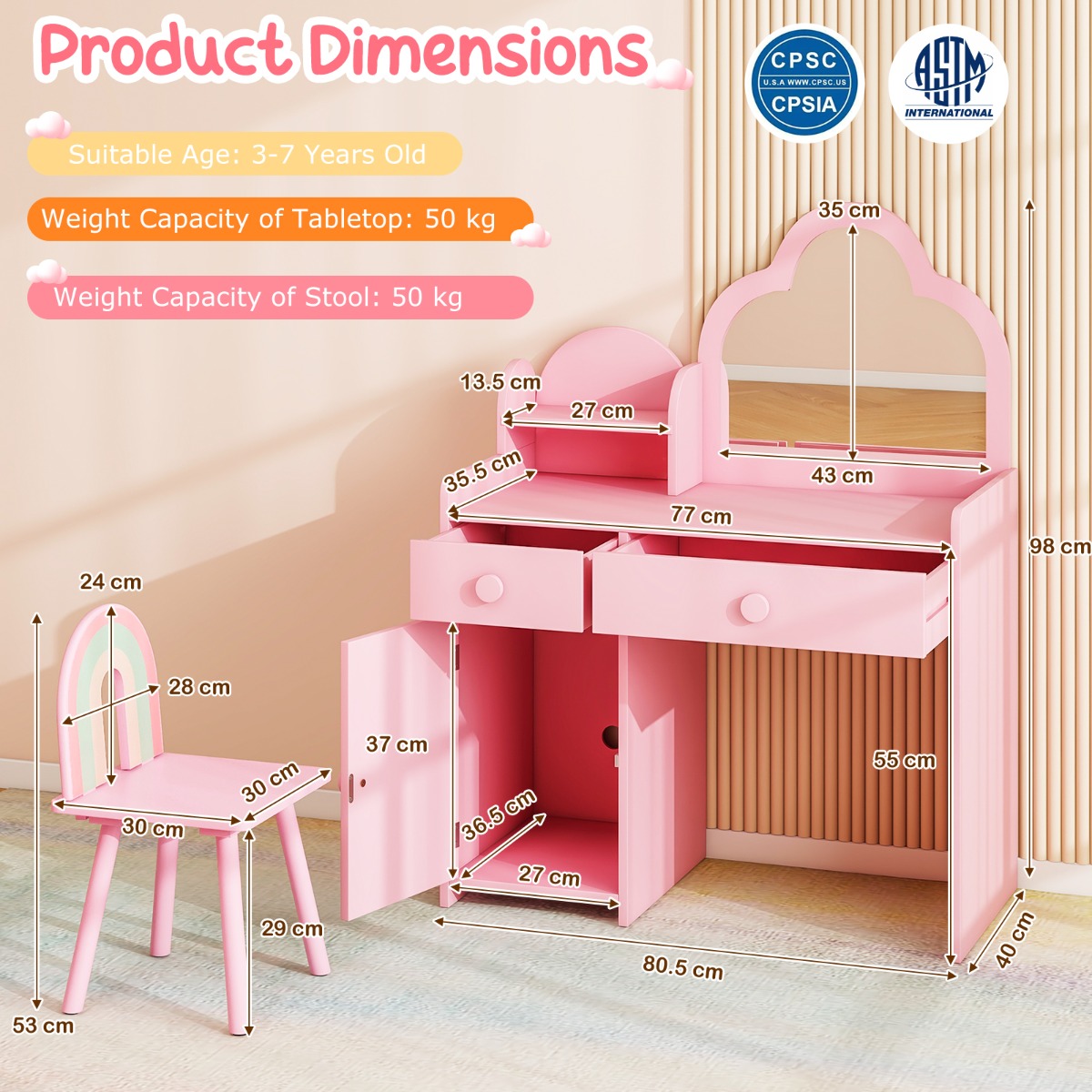 Ellegnt 2-in-1 Children Kids Vanity Set with Mirror and Detachable Top for Girls Ages 3-7 Years
