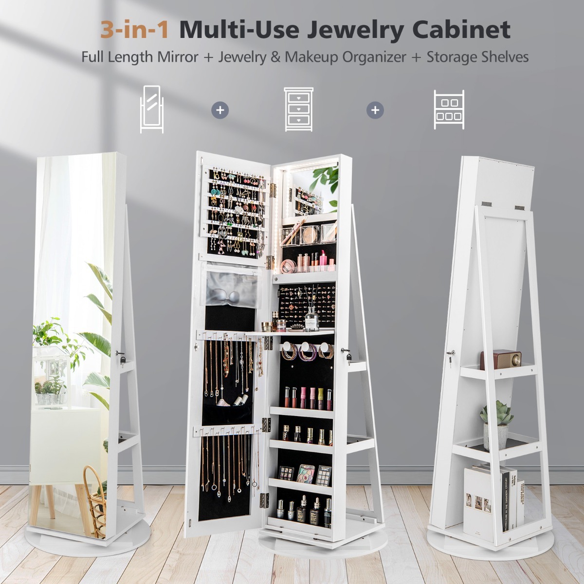 Ellegnt 161CM Jewelry Armoire with 360° Swivel Full Length Mirror & LED lights