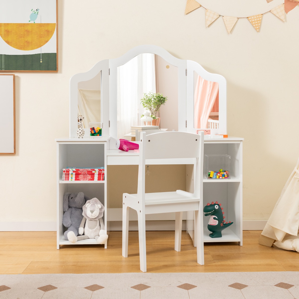 Ellegnt 2 In 1 Kids Vanity Table and Chair Set with Removable Tri-fold Mirror for Girls Aged 3+