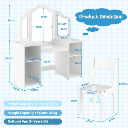 Ellegnt 2 In 1 Kids Vanity Table and Chair Set with Removable Tri-fold Mirror for Girls Aged 3+