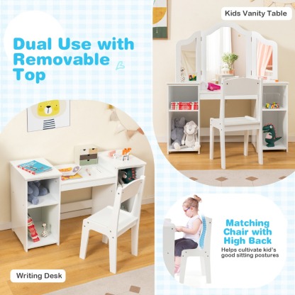 Ellegnt 2 In 1 Kids Vanity Table and Chair Set with Removable Tri-fold Mirror for Girls Aged 3+