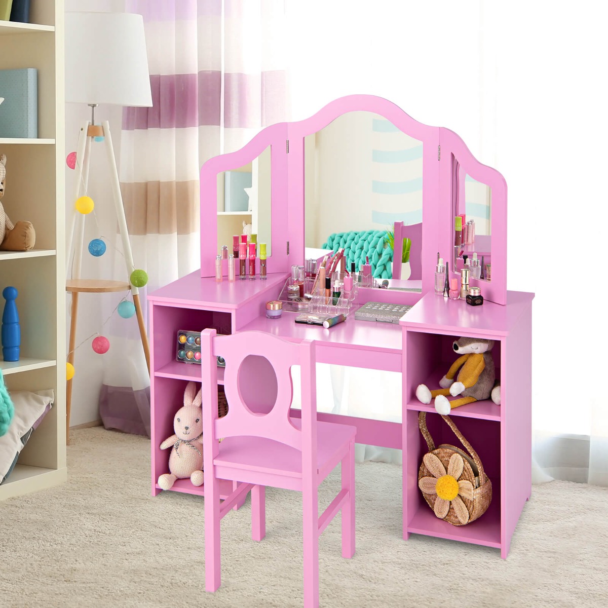 Ellegnt 2-in-1 Kids Vanity Table and Chair Set with Removable Mirror