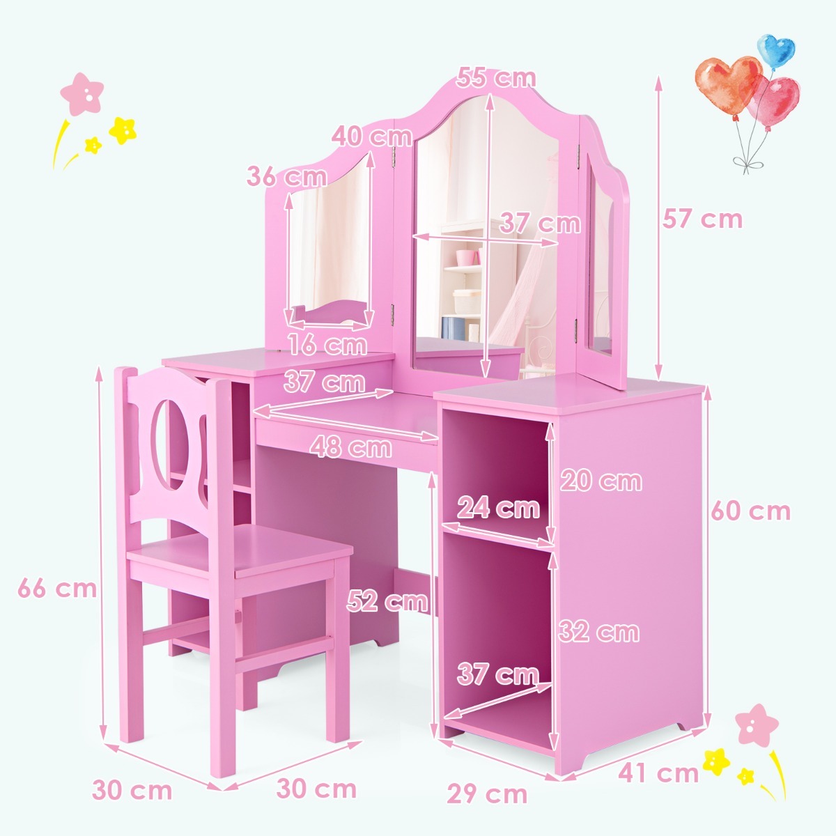 Ellegnt 2-in-1 Kids Vanity Table and Chair Set with Removable Mirror
