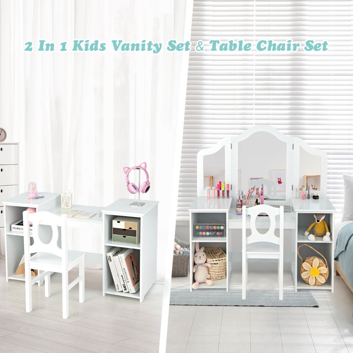Ellegnt 2-in-1 Kids Vanity Table and Chair Set with Removable Mirror