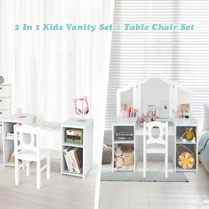 Ellegnt 2-in-1 Kids Vanity Table and Chair Set with Removable Mirror