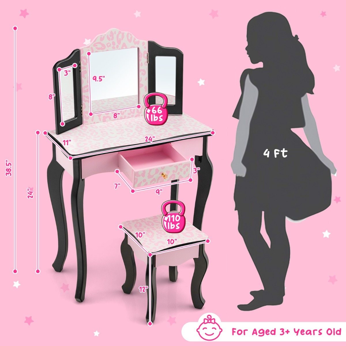 Ellegnt Kids Vanity Set with Tri-folding Mirror, Drawer and Stool