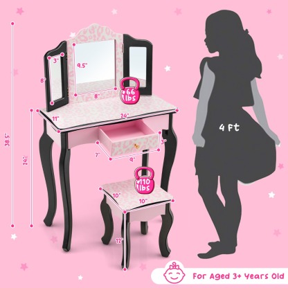 Ellegnt Kids Vanity Set with Tri-folding Mirror, Drawer and Stool