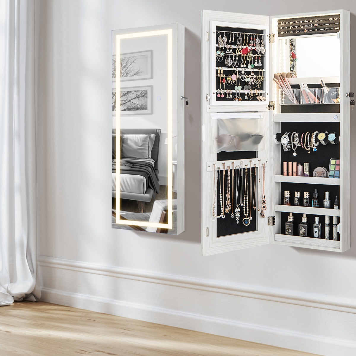 Ellegnt 108 cm Jewelry Mirror Cabinet with 3-Color LED Lights and Interior Mirror