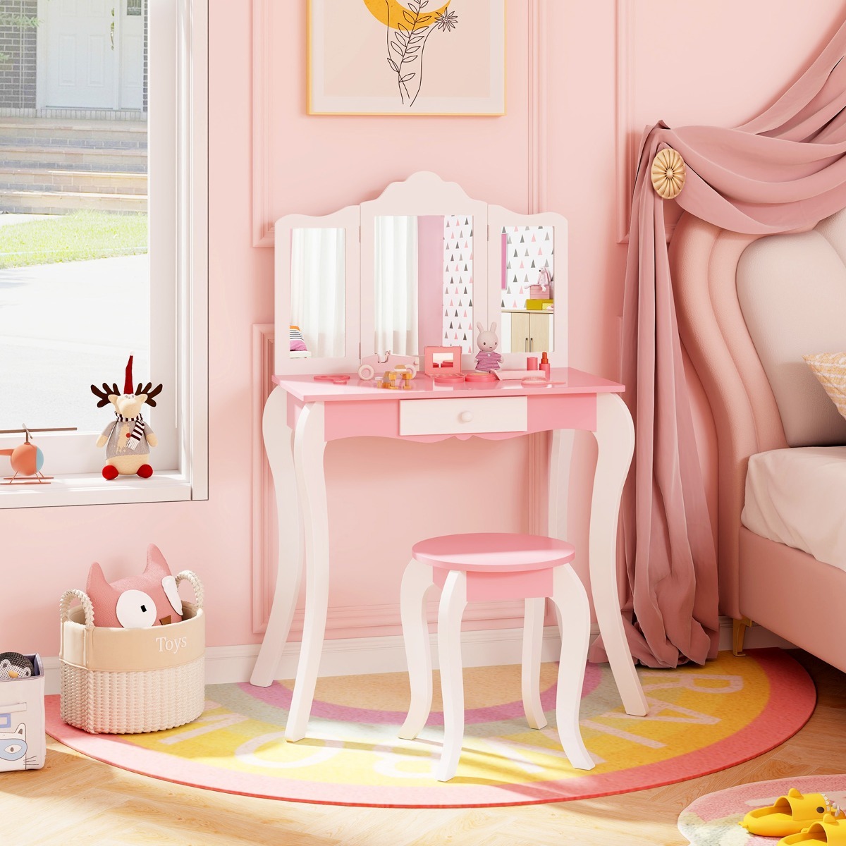 Ellegnt Kids Vanity Set with Tri-folding Acrylic Mirror TOP 20 Bonus Trinkets Set