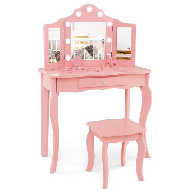 Kids 2-in-1 Vanity Table and Stool Set,Princess Makeup Vanity Set w/3-color LED Lights