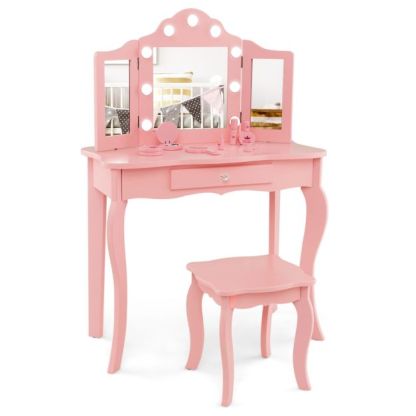 Kids 2-in-1 Vanity Table and Stool Set,Princess Makeup Vanity Set w/3-color LED Lights