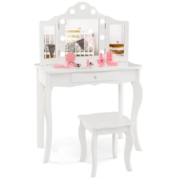 Kids 2-in-1 Vanity Table and Stool Set,Princess Makeup Vanity Set w/3-color LED Lights