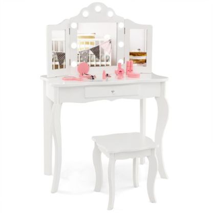 Kids 2-in-1 Vanity Table and Stool Set,Princess Makeup Vanity Set w/3-color LED Lights