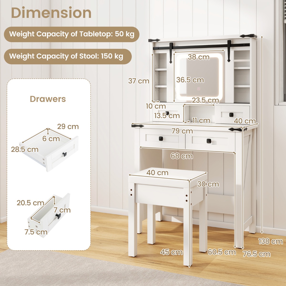 Ellegnt Makeup Vanity Desk with Sliding Mirror and 3-Color LED Lights