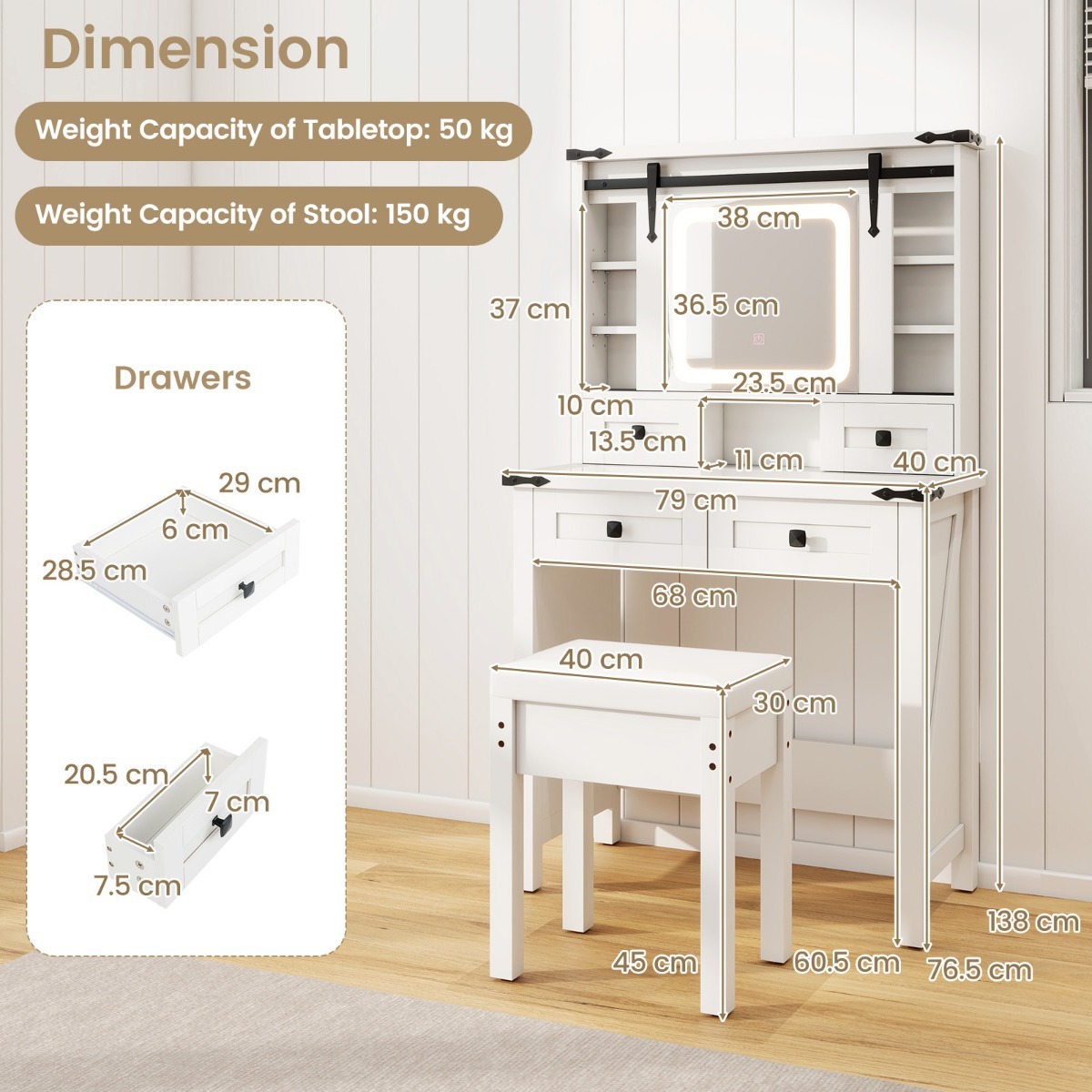 Ellegnt Makeup Vanity Desk with Sliding Mirror and 3-Color LED Lights