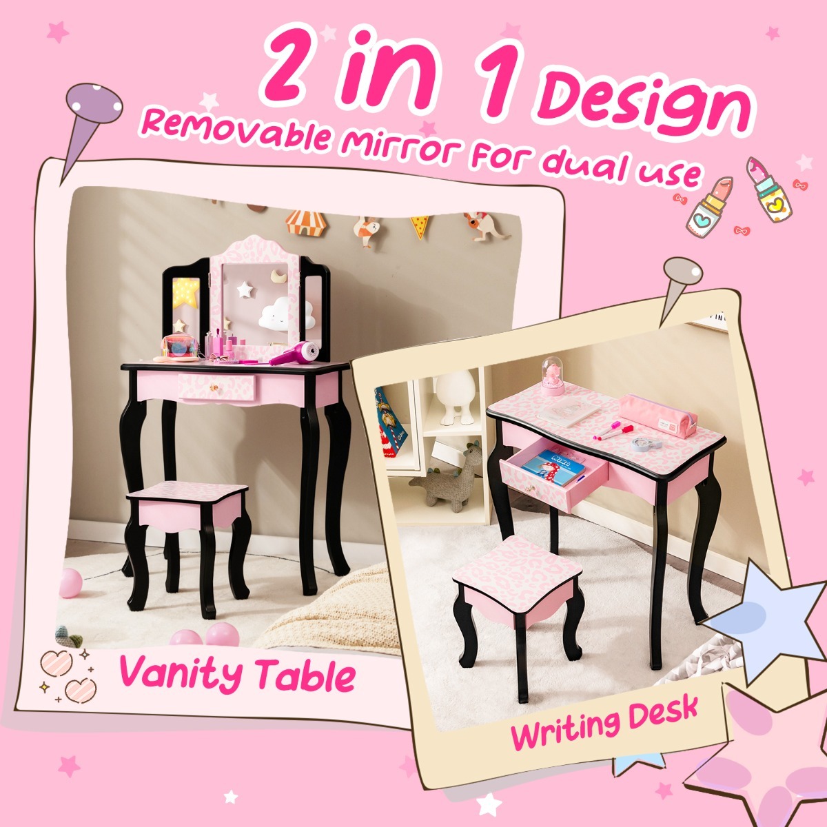 Ellegnt Kids Vanity Set with Tri-folding Mirror, Drawer and Stool
