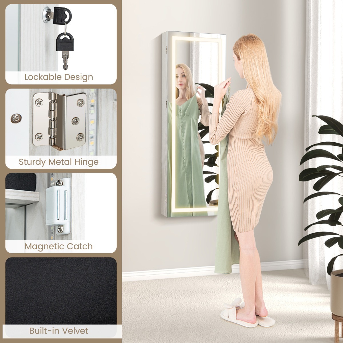 Ellegnt 108 cm Jewelry Mirror Cabinet with 3-Color LED Lights and Interior Mirror