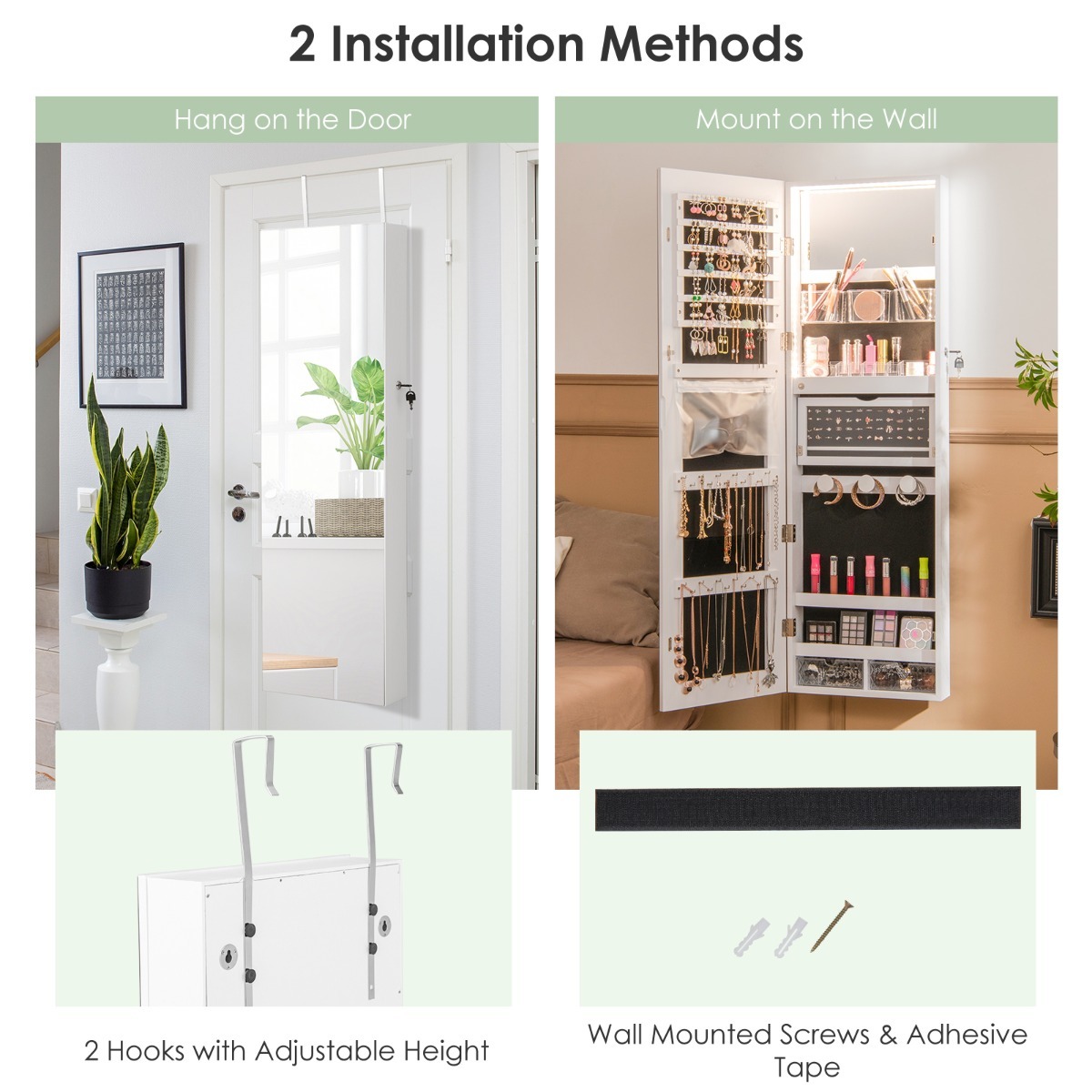 Ellegnt Lockable Mirror Jewelry Cabinet with 3-Colour LED Light